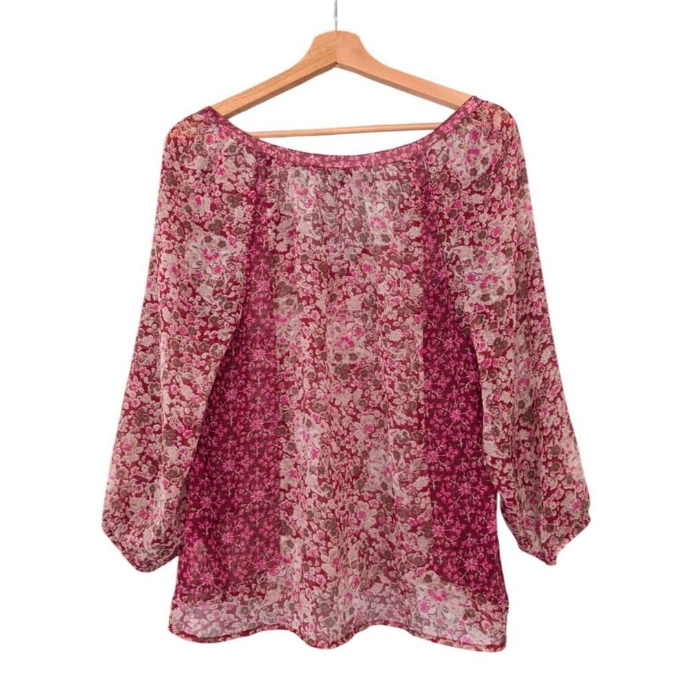 American Eagle Chiffon Blouse Womens L Red Ditzy Boho Floral Peasant Top Sheer
